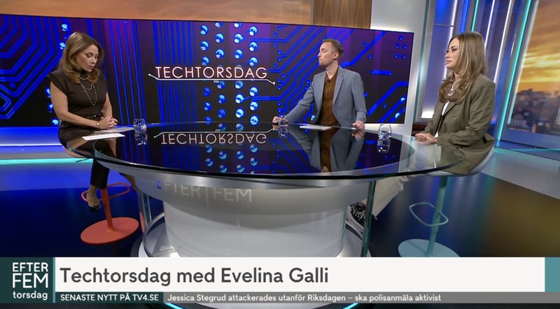 Evelina Galli (till höger) i "Efter fem" där hon medverkar i segmentet Techtorsdag. På bilden Tilde de Paula Eby och Axel Pileby. Foto: Skärmavbild TV4 Evelina Galli (till höger) i "Efter fem" där hon medverkar i segmentet Techtorsdag. På bilden Tilde de Paula Eby och Axel Pileby. Foto: Skärmavbild TV4
